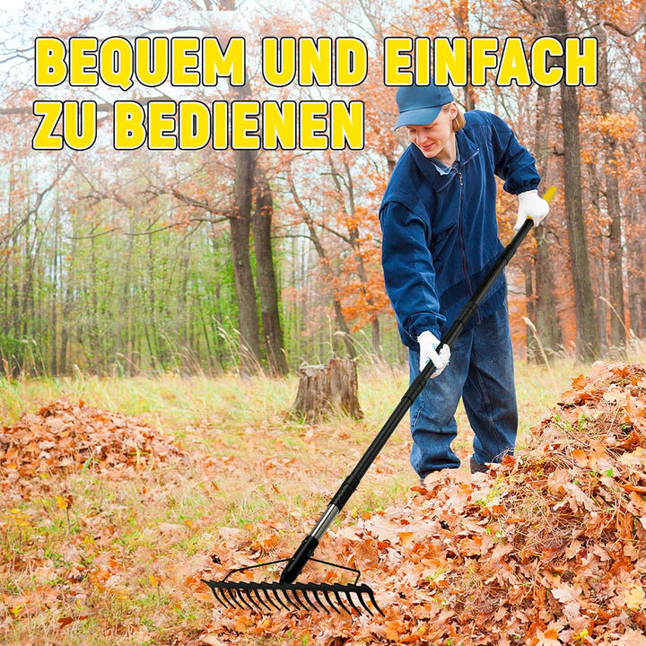 Gartenrechen, 1,7m Metallrechen mit 17 Stahlzinken, Harke mit Edelstahlgriff zum Lockern von Boden u