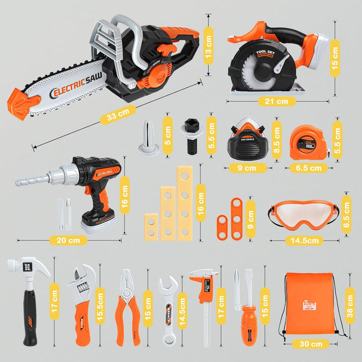 Vanplay Werkzeugkoffer Kinder Spielzeug ab 3 Jahre Werkzeug Kinder mit Motorsäge, Elektrische Bohrma