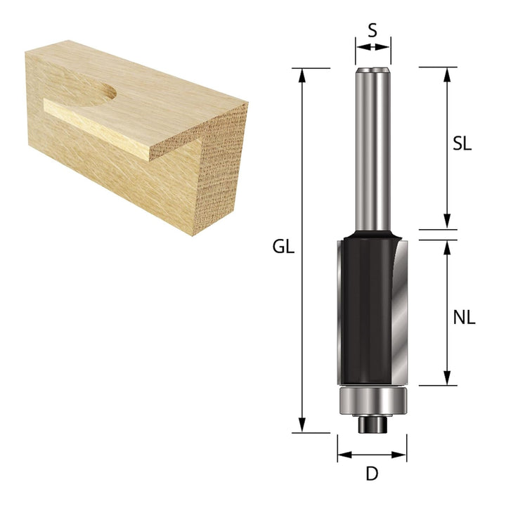 ENT 13580 Bündigfräser HW, Schaft (S) 8 mm, Durchmesser (D) 9,5 mm, NL 12,7 mm, GL 55 mm, SL 32 mm,