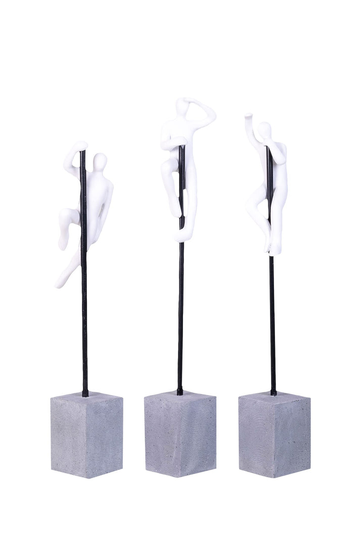 IDYL Moderne Skulptur Figur Sandsteinguss Set Looking Waving Hanging Man an kurzer Stange | Weiss-ma