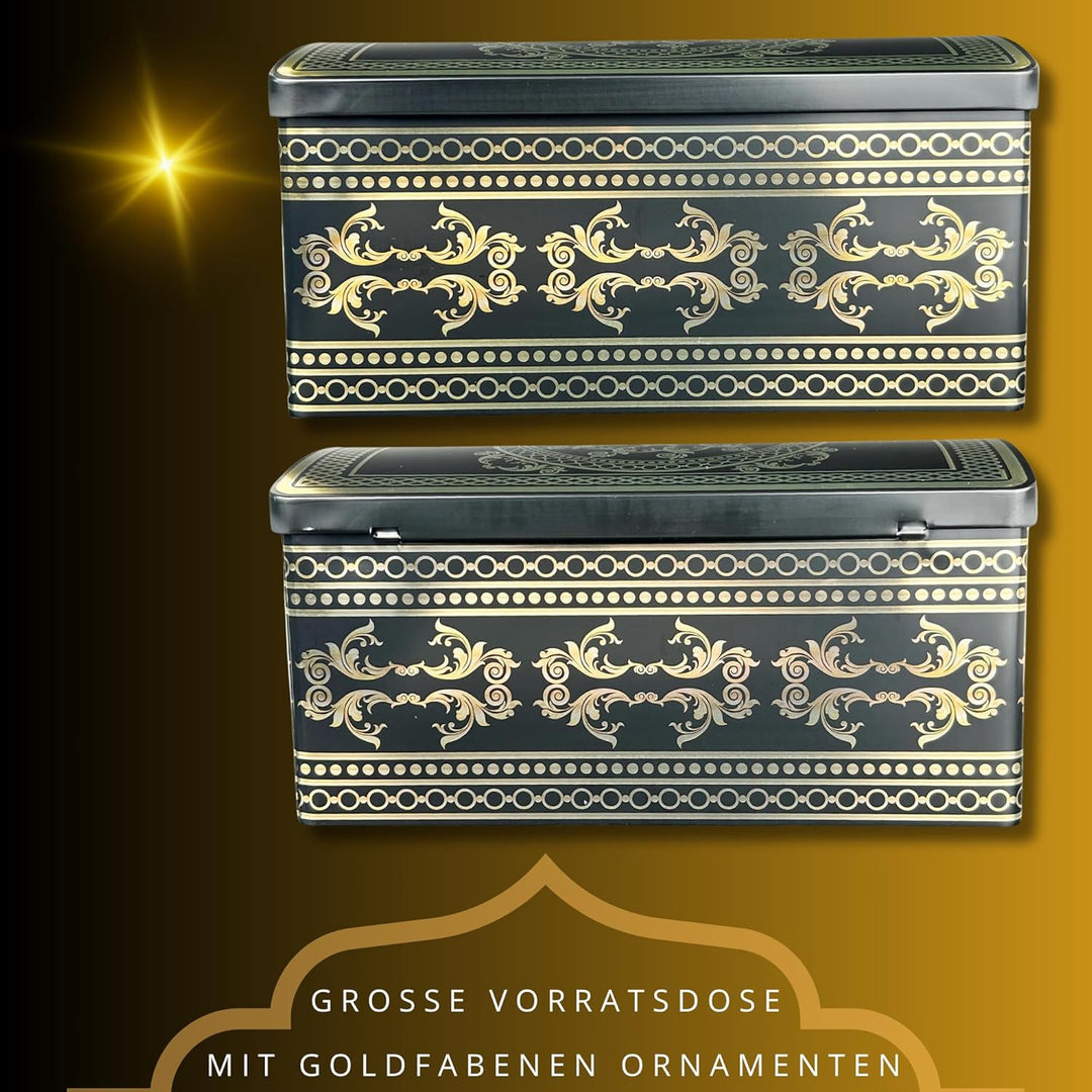 Grosse Ornament Truhe - schwarze Stollendose mit goldfarbenen Ornamenten - lebensmittelecht - Aufbew
