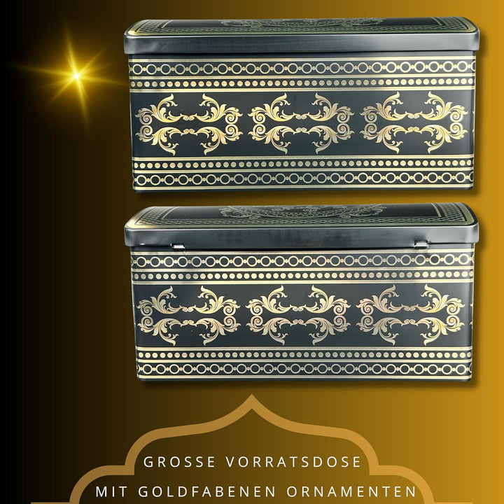 Grosse Ornament Truhe - schwarze Stollendose mit goldfarbenen Ornamenten - lebensmittelecht - Aufbew