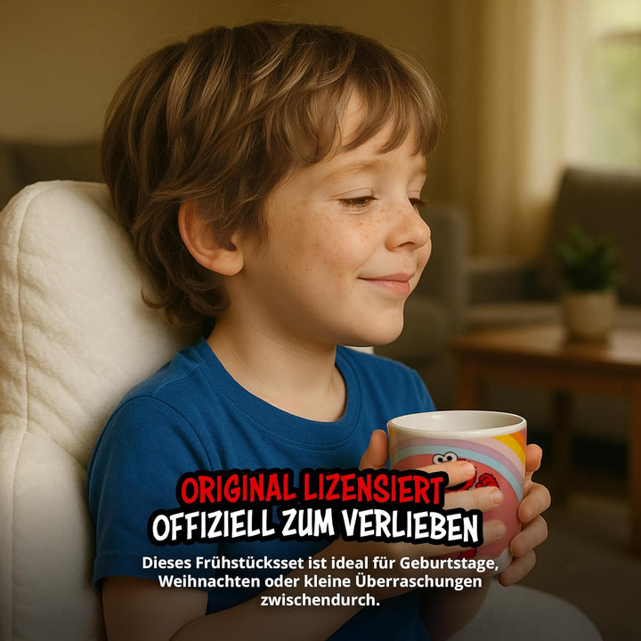 United Labels Elmo Frühstücksset Kinder, mit Elmo, Geschirr Set Porzellan, 3-teilig mit Teller, Scha