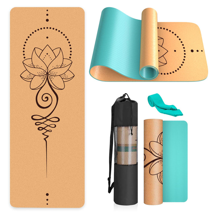 Yogamatte Kork – Rutschfeste Yoga Matte, Einzigartiges Design, Naturkautschuk TPE Gymnastikmatte, Tr