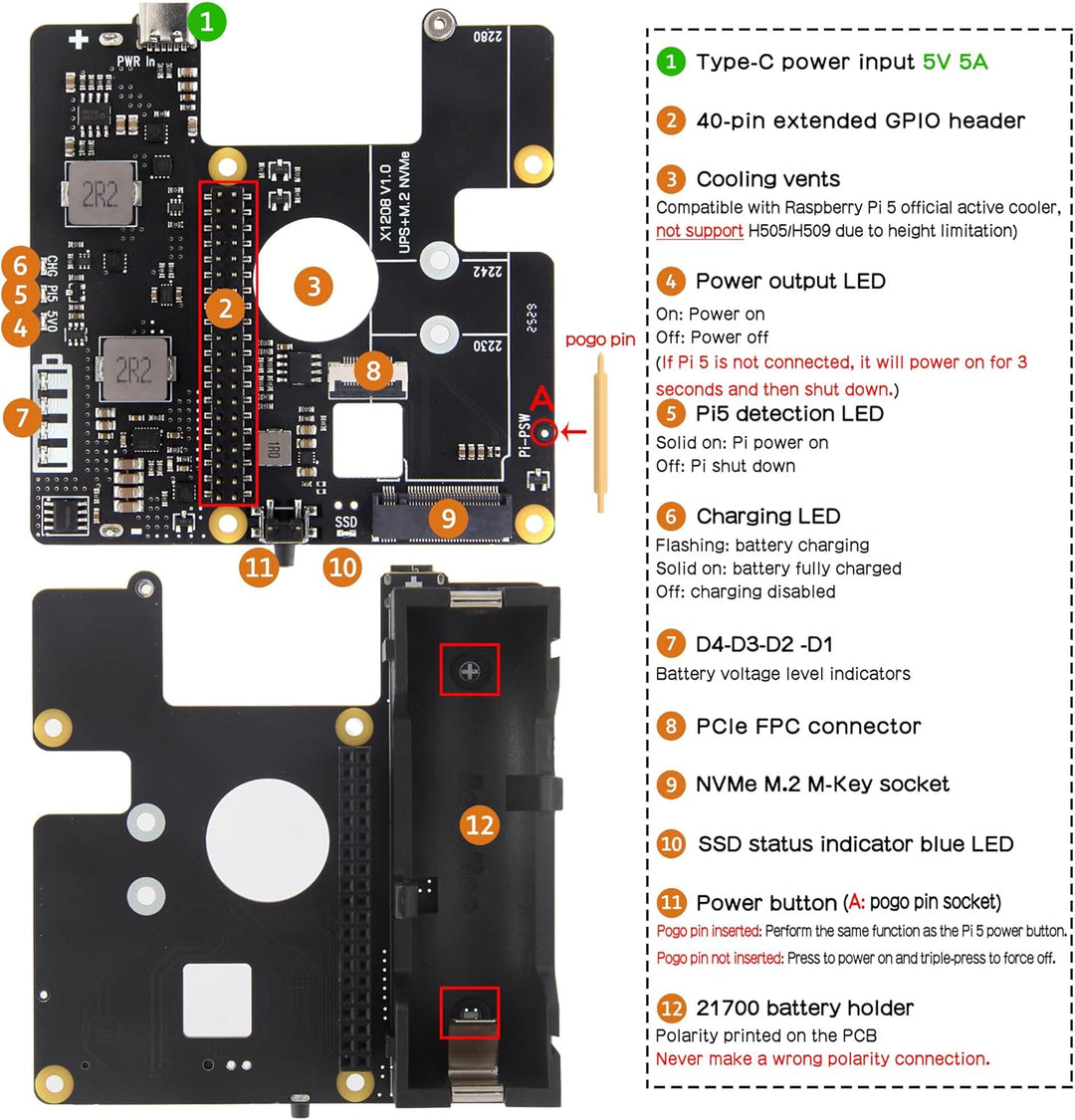 Geekworm X1208 UPS für Raspberry Pi 5 mit NVMe SSD (2280/2242/2230) Erweiterung | 5,1V/5A Ausgang |