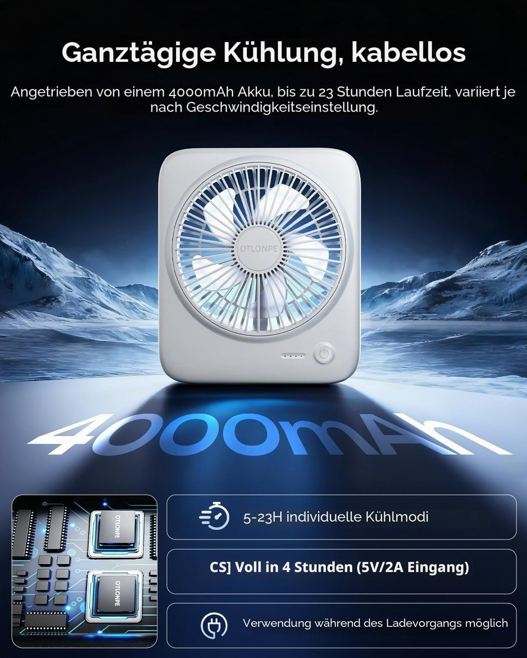 Otlonpe Tischventilator Leise, 4000mAh Akku Tisch Ventilator Tragbar, 4-Speed Tischventilatoren Klei
