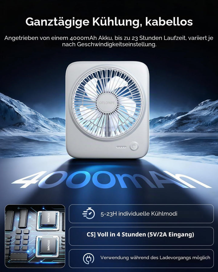 Otlonpe Tischventilator Leise, 4000mAh Akku Tisch Ventilator Tragbar, 4-Speed Tischventilatoren Klei