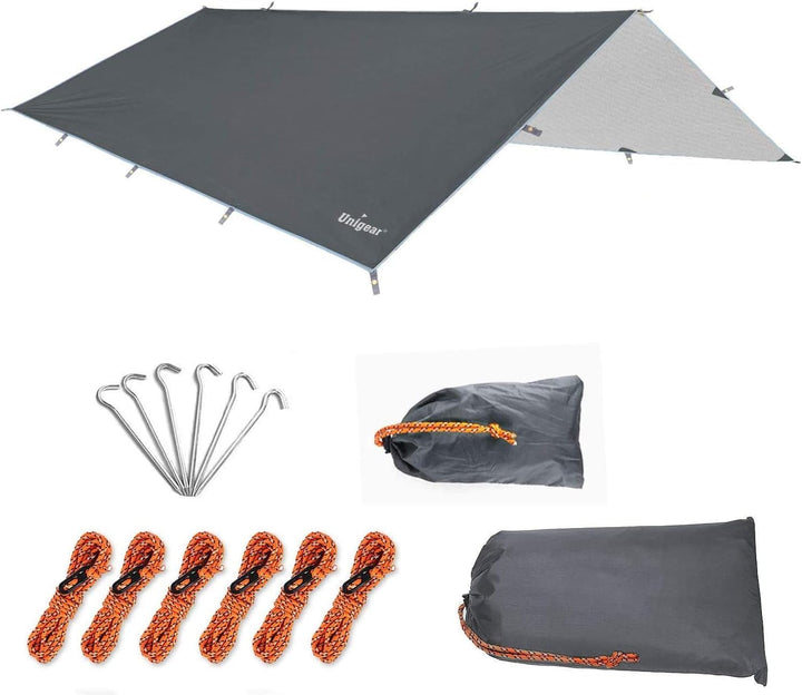 Unigear Tarp 3x3 3x4 3x5 4x4 wasserdicht, Zeltplane für Hängematte mit Ösen + 6/8 Erdnägel + 6/8 Sei