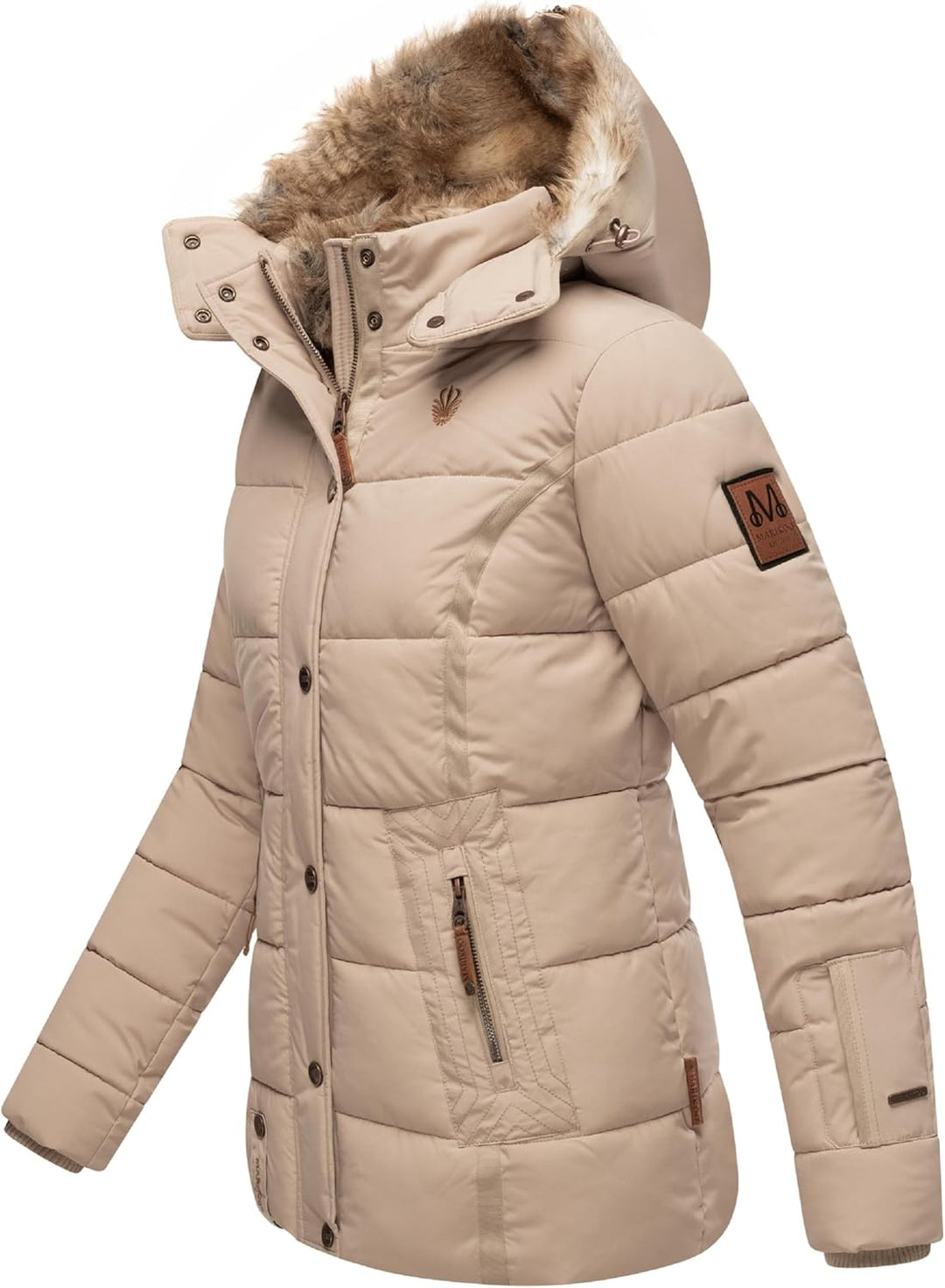 MARIKOO Damen Wintejacke warme Steppjacke mit Kunstfell Innenfutter Nekoo XS-3XL S Beige, S Beige