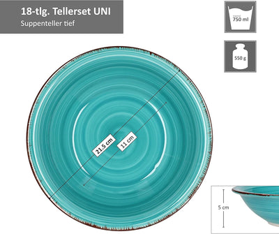 MamboCat 18tlg. Teller-Set Uni bunt | Edles Steingut-Geschirr | Speiseteller + Suppenteller 750 ml +