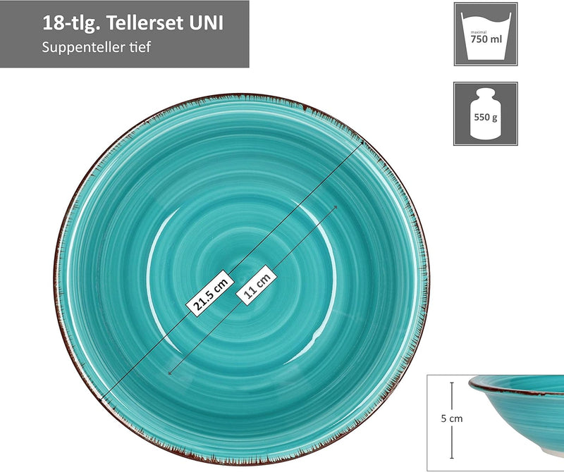 MamboCat 18tlg. Teller-Set Uni bunt | Edles Steingut-Geschirr | Speiseteller + Suppenteller 750 ml +