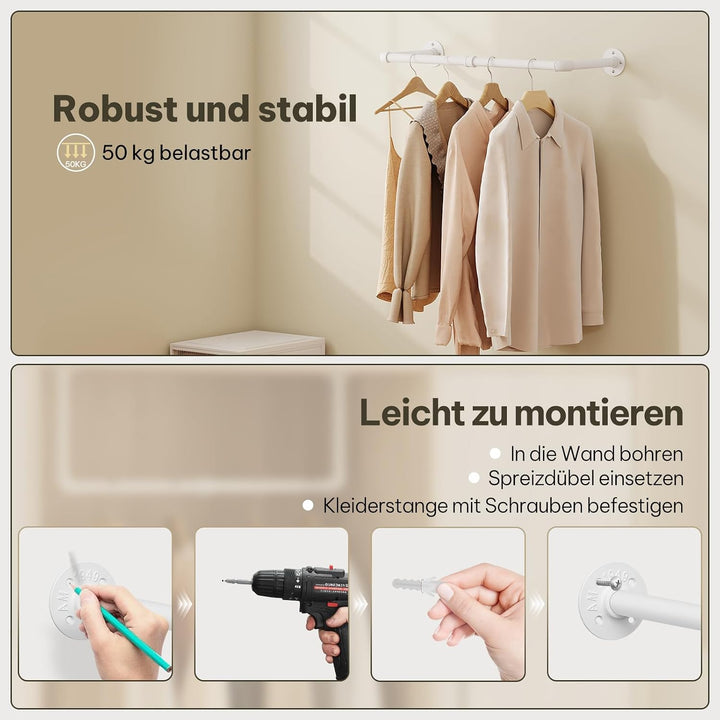 eSituro Kleiderstange Wandmontage, Garderobe Rohr industrial, 79 cm, Weiss | für Flur Küche Wohnzimm