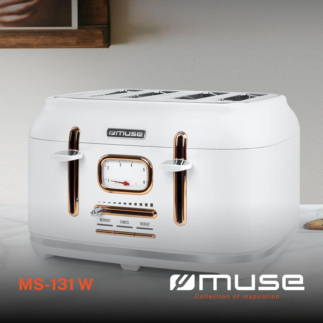 Muse Edelstahl-Toaster im weissen Retro Design, analoge Anzeige, beleuchtete Tasten, 6 Bräunungsstuf