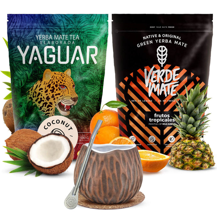 Verde Mate und Yaguar Mate Tee Set 1kg - Yerba Mate Frutos Tropicales und Coconut 2x500g - Fruchtige