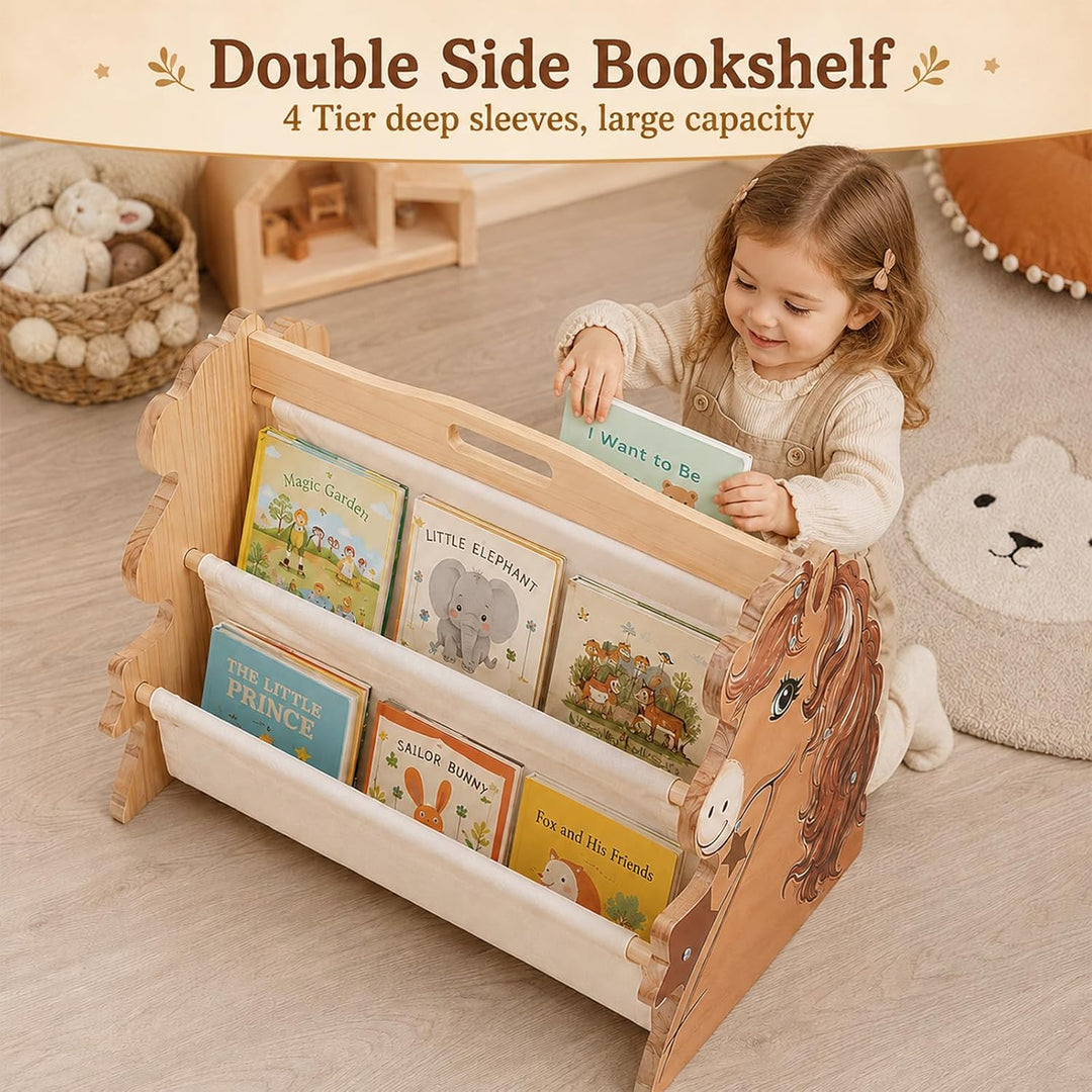 Montessori Bilderbuchregal Kinder Doppelseitig, 4 Stoff-Fächer