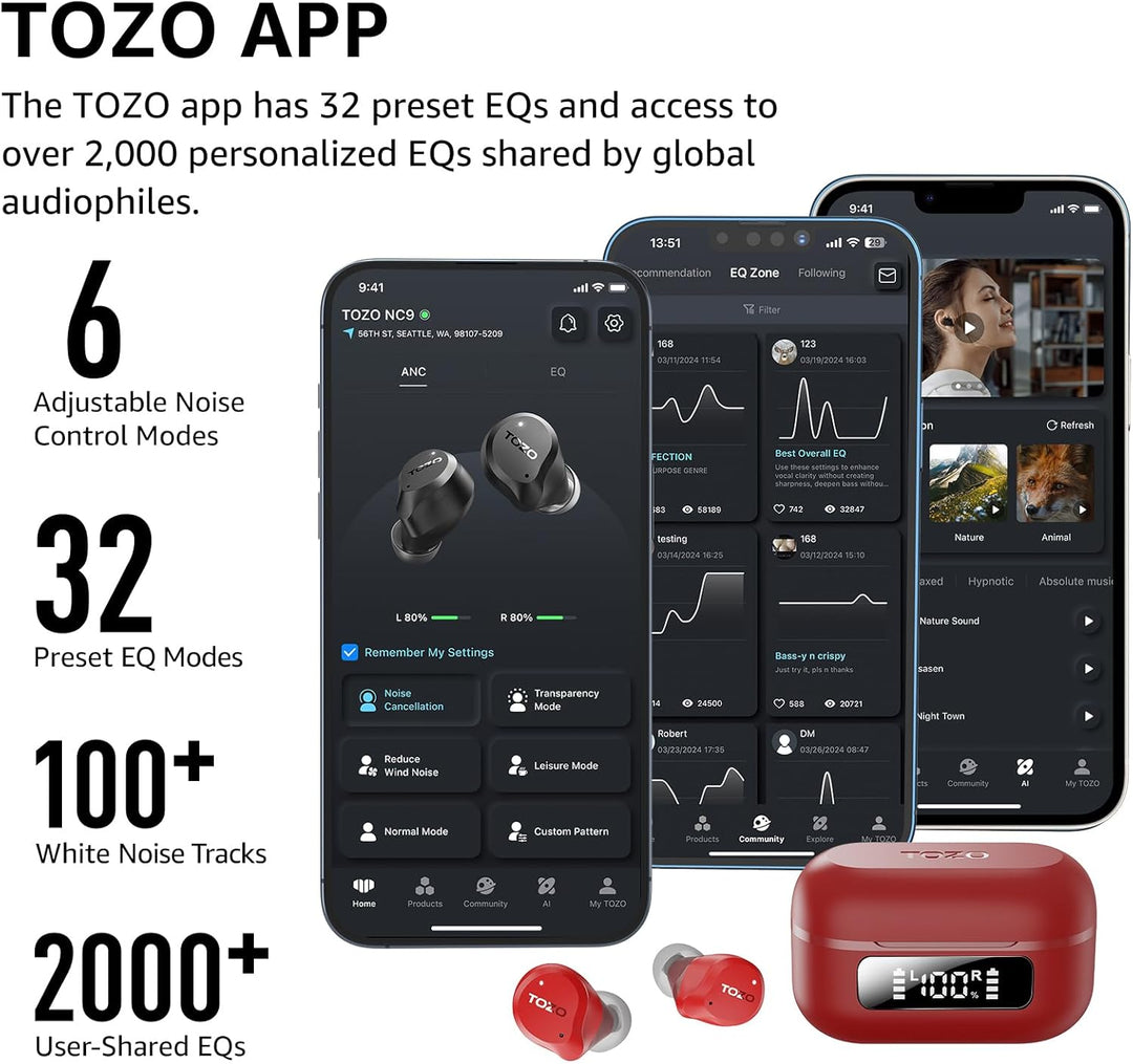 TOZO NC9 Bluetooth Kopfhörer In Ear mit Hybrid ANC (45dB), 6 Mikrofone ENC für Homeoffice & Pendeln,