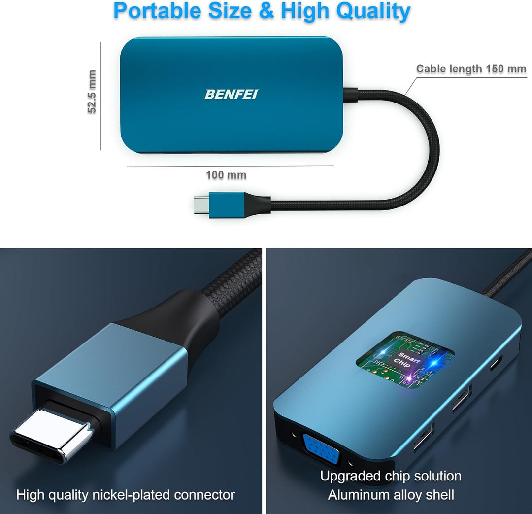 BENFEI USB C MST HUB 8-in-1, USB-C HUB mit USB-C zu 2*HDMI/1*VGA, USB-C zu 3*USB 3.0/100W Power Deli