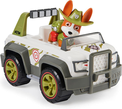 PAW PATROL, 10. Jubiläum, Dschungel-Fahrzeug mit Tracker-Figur (Basic Vehicle/Basis Fahrzeug), Spiel