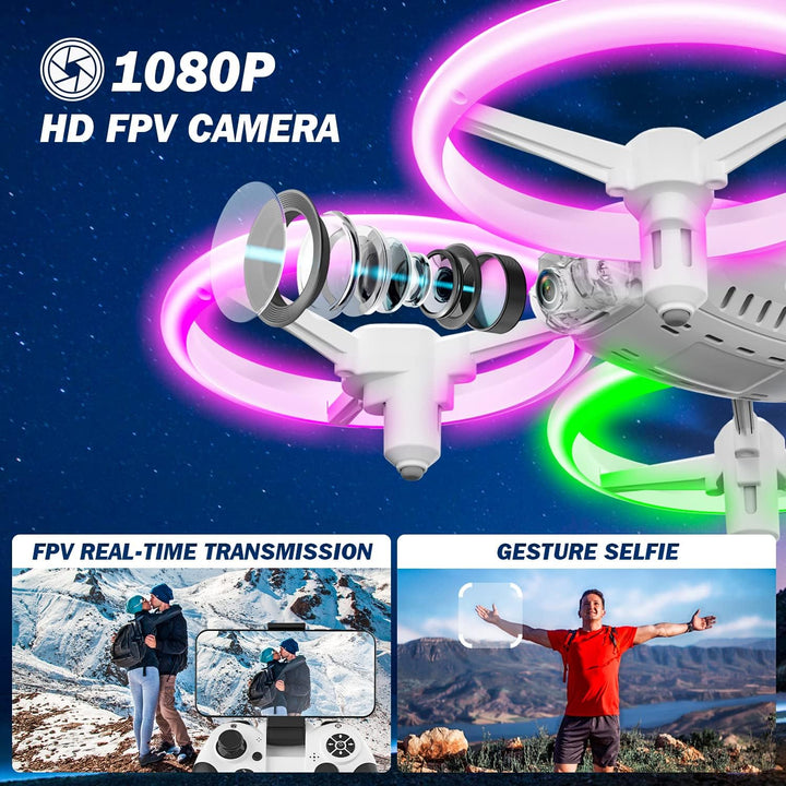 Drohne mit Kamera HD für Kinder, Mini Drone mit Bunte LED Lichter, RC Quadrocopter mit Kopflos Modus