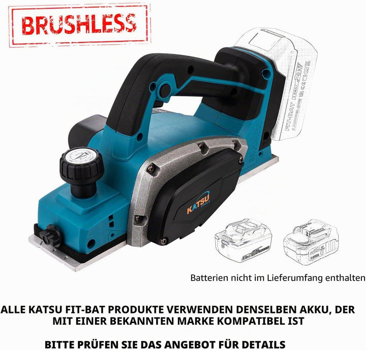 KATSU FIT-BAT Akku-Hobel 21V 82mm, Bürstenlos, 2mm Span, Alu-Sohle mit 3 V-Nuten, Extra Klingen, Ohn