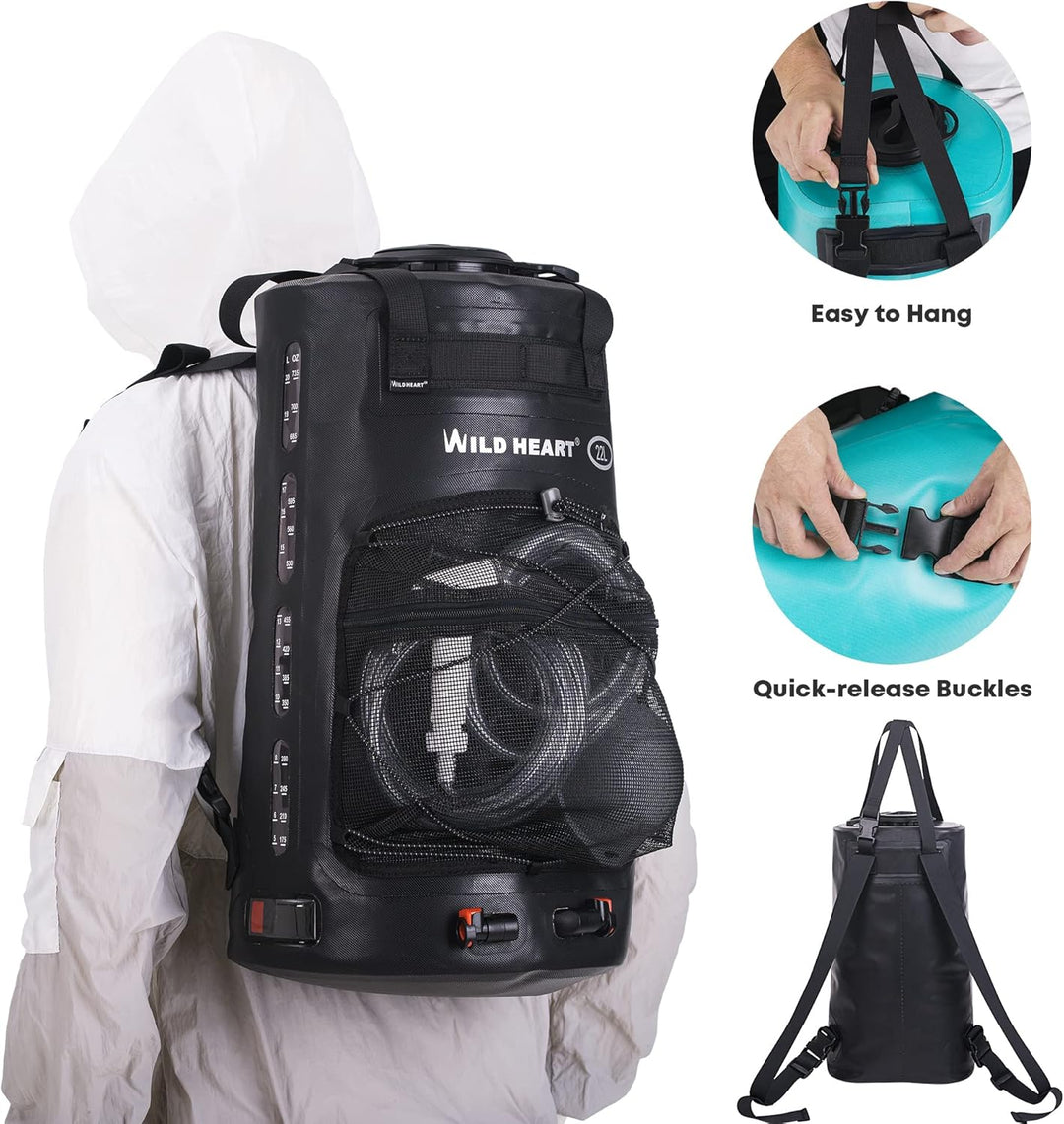 WILD HEART Campingdusche 22L Tragbare Dusche für Camping mit Druckfusspumpe und Duschbeutel-Rucksack