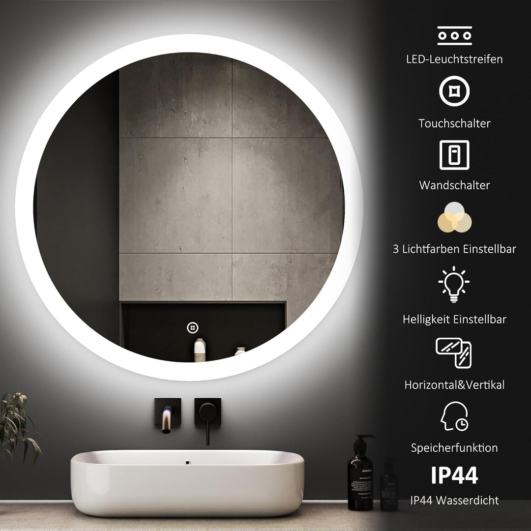 Boromal LED Badspiegel mit Beleuchtung 60x60cm Rund Badezimmerspiegel 3 Lichtfarbe Dimmbar 3000-6500
