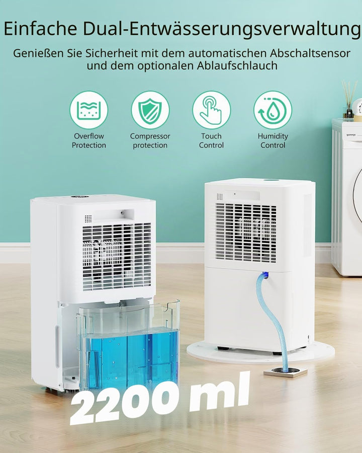 Luftentfeuchter 12L/24h, Elektrischer Entfeuchter mit Kompressor, 3 Modi, Leise und Energiesparend,