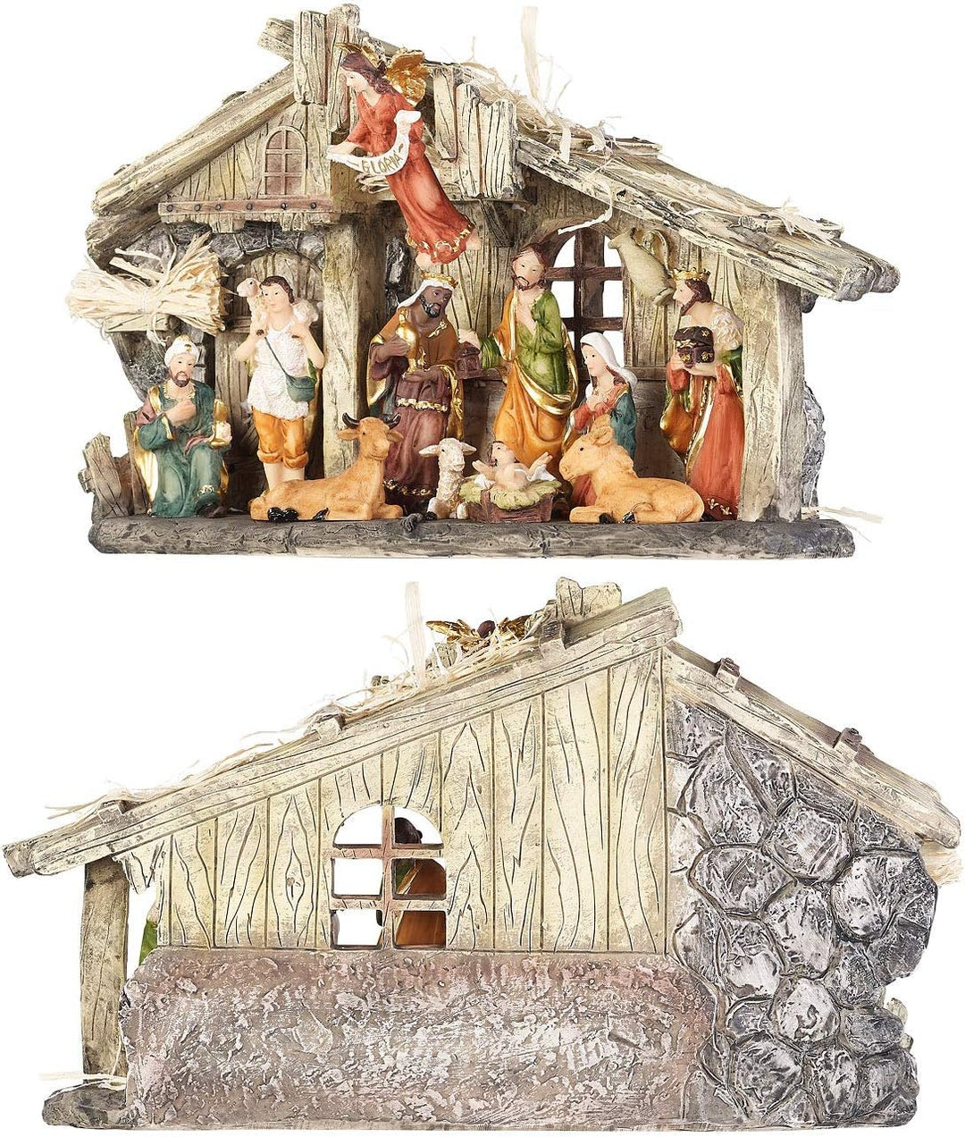 PEARL Krippen: Weihnachtskrippe aus Polyresin mit 11 handbemalten Figuren (Krippe mit handbemalten