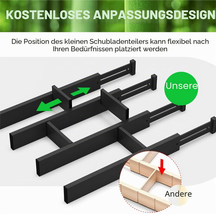 ANTOWIN Schubladentrenner Verstellbar Bambus (43-56 cm), Schubladen Organizer, Gefedert, Küche, Komm