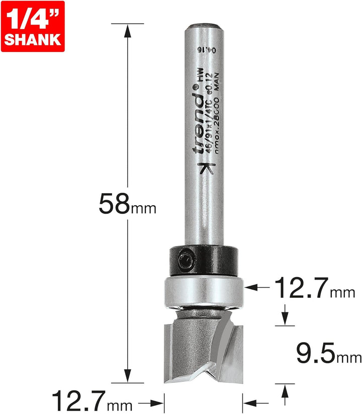 Trend Professioneller Kugelgelagerter Profilfräser, 1/4 Zoll Schaft, 12,7 mm Schnittdurchmesser, 9,5