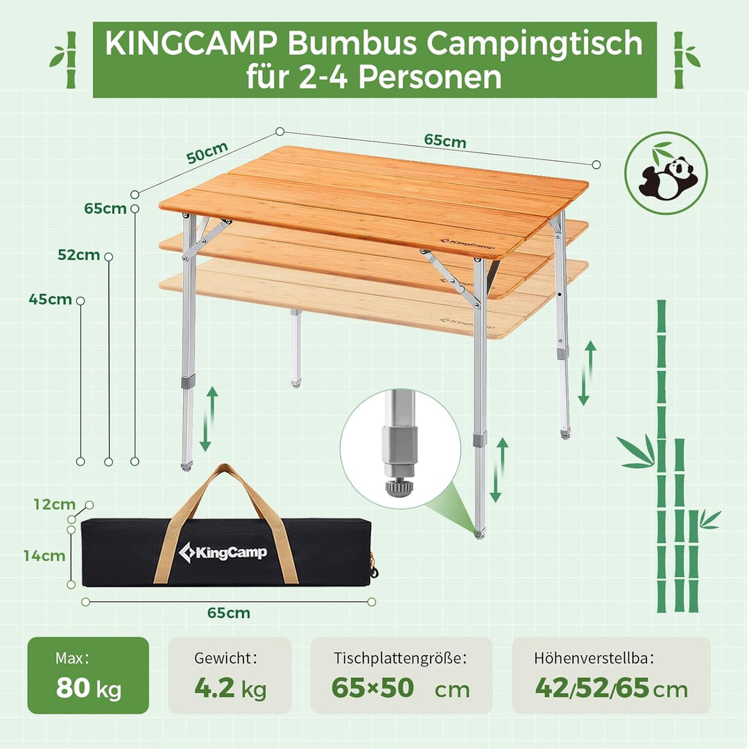 KingCamp Campingtisch Bambus Klapptisch höhenverstellbar (45/52 / 65 cm) für 2-4 Personen Campingtis
