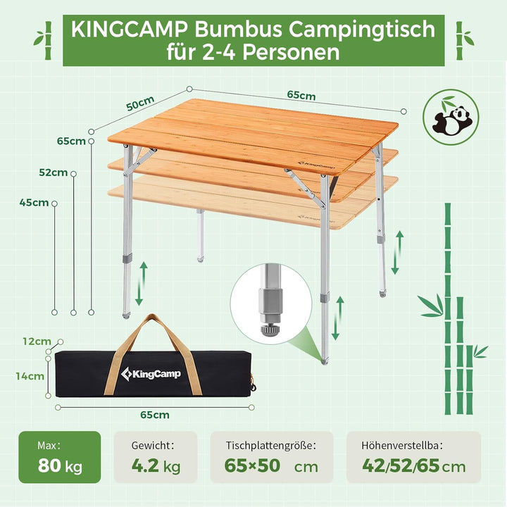 KingCamp Campingtisch Bambus Klapptisch höhenverstellbar (45/52 / 65 cm) für 2-4 Personen Campingtis