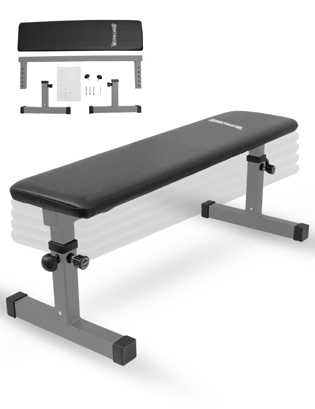 SPORTINATOR® höhenverstellbare Flachbank mit abwischbarem Kunstlederbezug und drei Halterungen. Für