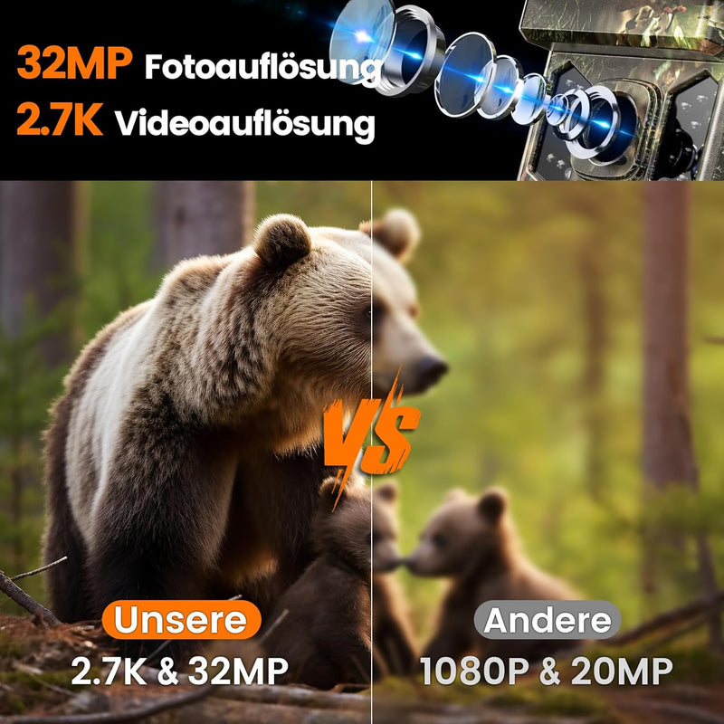XTU Wildkamera mit Handyübertragung App,2.7K WLAN Wildtierkamera mit Bewegungsmelder Nachtsicht,Inkl