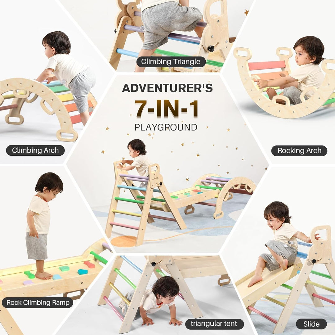 BlueWood 7-in-1 Montessori Kletterdreieck mit Kletterbogen und Rutsche, Holzdreieck für Kleinkinder,