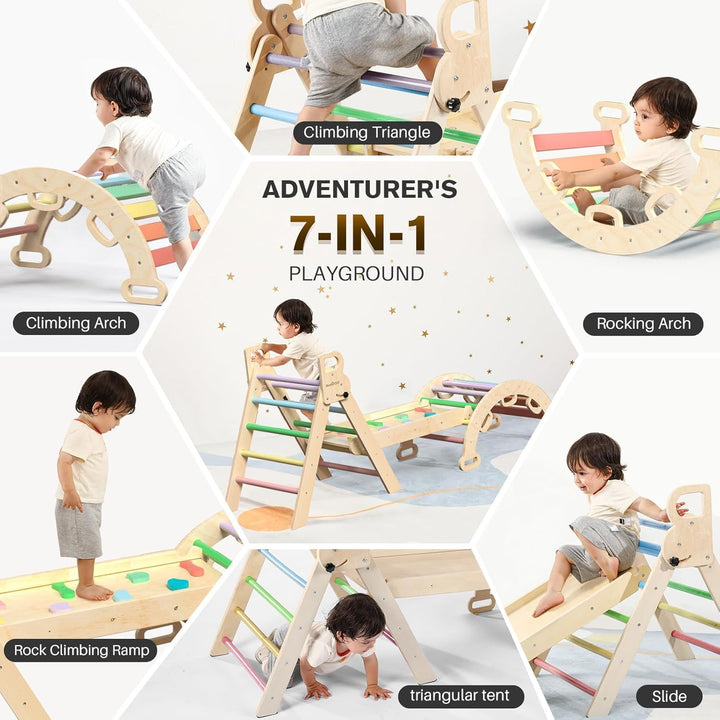 BlueWood 7-in-1 Montessori Kletterdreieck mit Kletterbogen und Rutsche, Holzdreieck für Kleinkinder,
