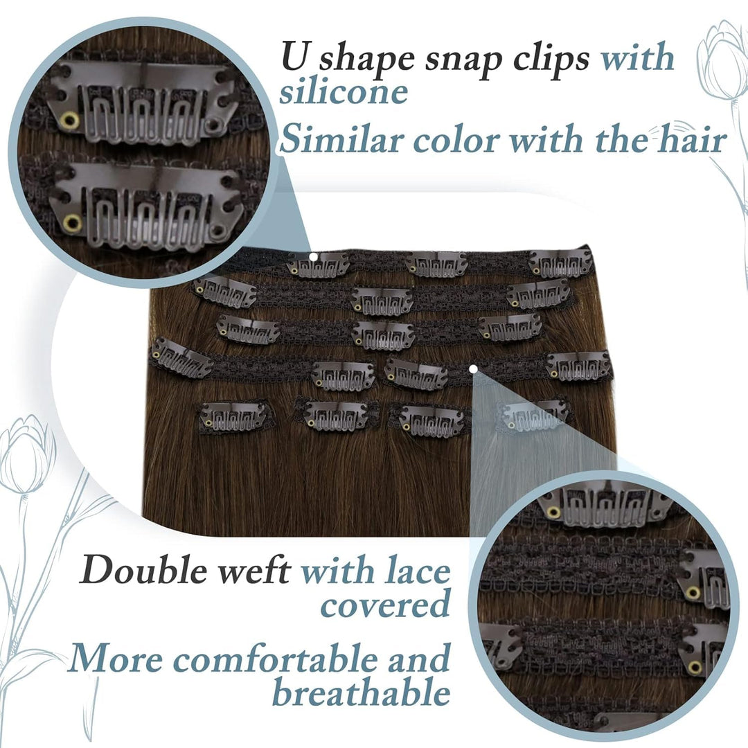 RUNATURE Clip in Extensions Echthaar Braun Menschliches Haar 35cm Glatt Haarverlängerung Gerade 120g