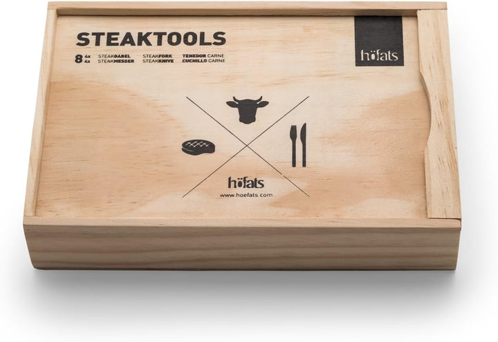 höfats - Steakbesteck 8-teilig mit Steakmesser, Steakgabel und Holzkiste - Besteckset 4 Personen - r