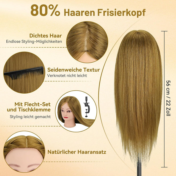 Übungskopf, TwoWin 80% Echthaar Friseurkosmetik Mannequin Kopf mit Klammerständer und Geschenken - G