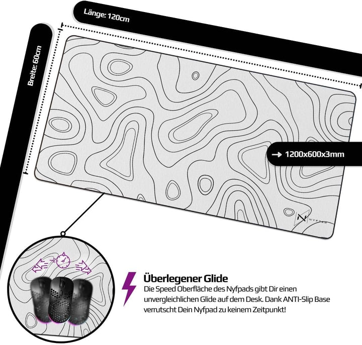 Nyfter - 3XL Gaming Mauspad weiss im Topography Design 1200 x 600mm Premium Mousepad Size Gross vern