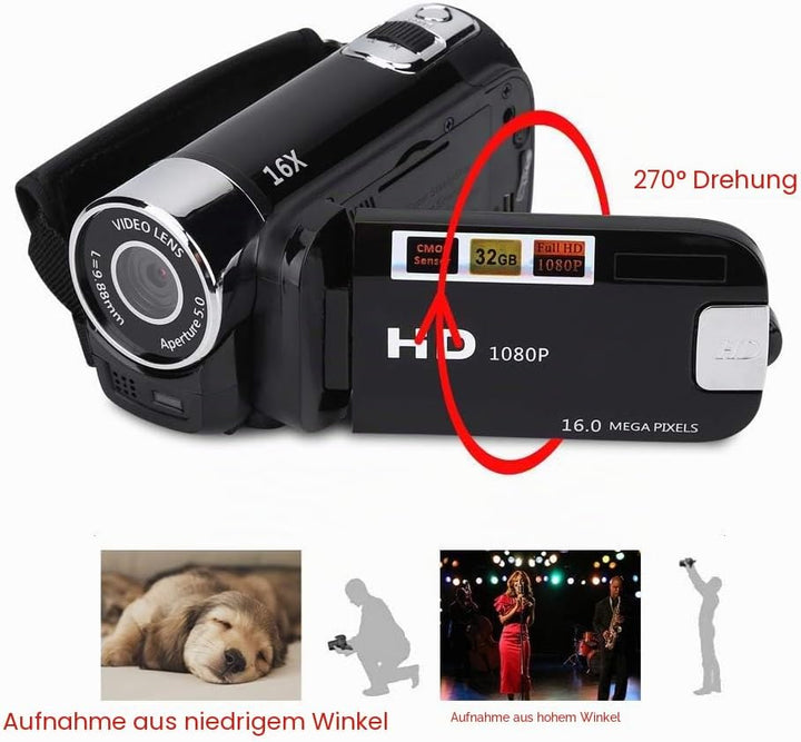Ejoyous Digitaler Camcorder, 16X Full HD Videokamera High Definition Videokamera mit 270 Grad Drehbi