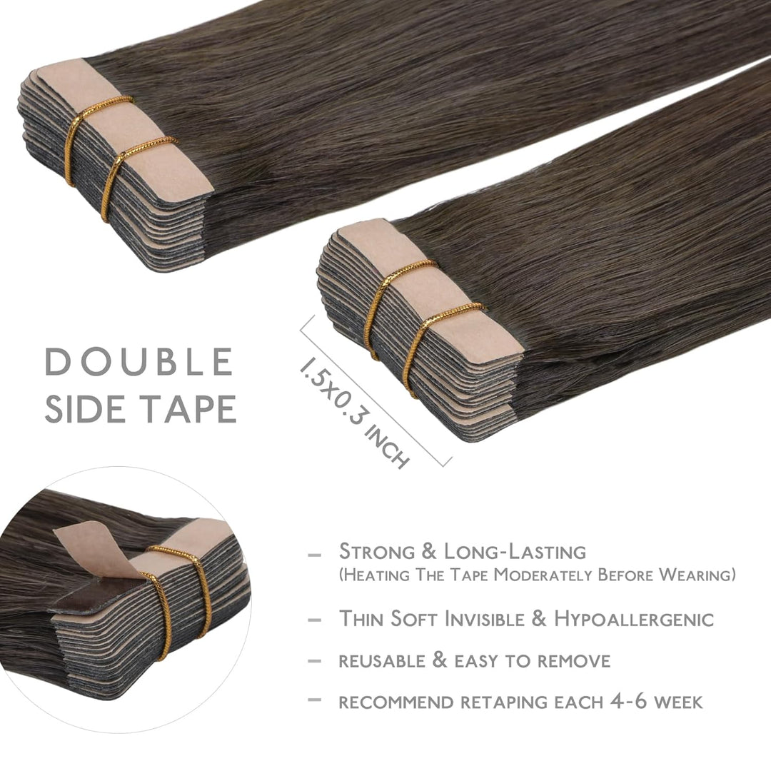 WENNALIFE Tape Extensions Echthaar, 20pcs 50g 60cm 24 Zoll Kühles Dunkelbraun Remy Invisible Tape Ex