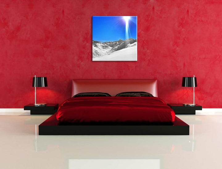 Berge im Schnee Winter, Format: 70x70 als Leinwandbild, tolle Bilder fertig auf Holzrahmen gespannt,
