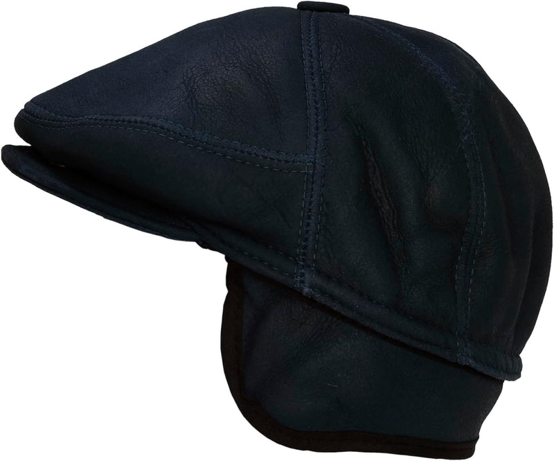 CUCUBA Shearling Herren-Mütze aus Schaffell - Mütze mit Visier und Ohrenklappen - Dunkelblau (L) 58,
