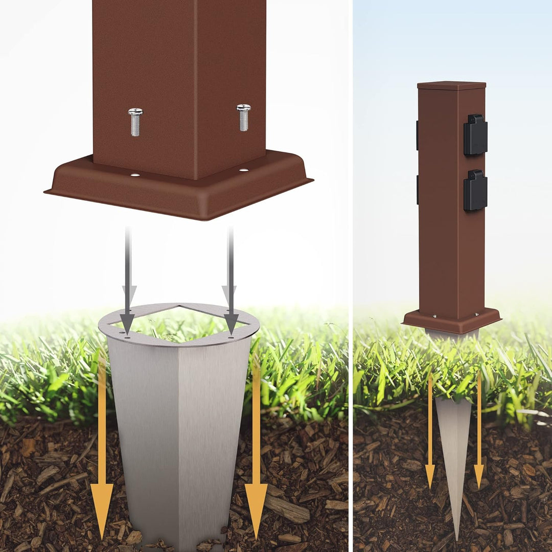 ledscom.de 2X Garten-Steckdosen-Säule Polly mit Erdspiess für aussen, IP44, 4-Fach, braun, eckig, 38