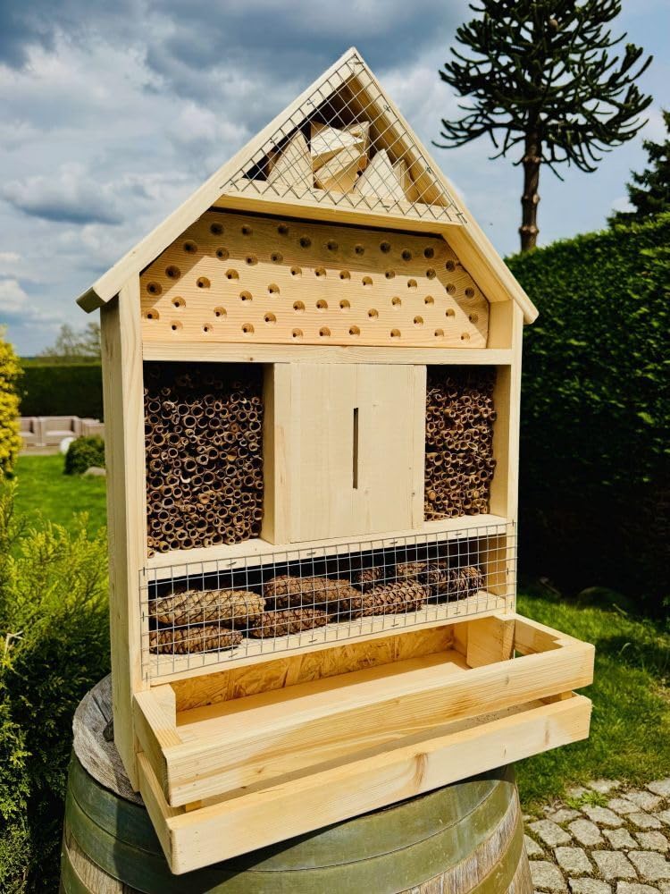 handgefertigtes Insektenhotel XL Wildbienen Nisthilfe I Insektenhaus mit Blumenkasten aus Holz und S