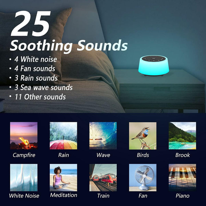 Color Noise Sound-Maschinen 25 beruhigende Geräusche 10 Farben, Nachtlicht Schlaf-weisses Rauschgerä