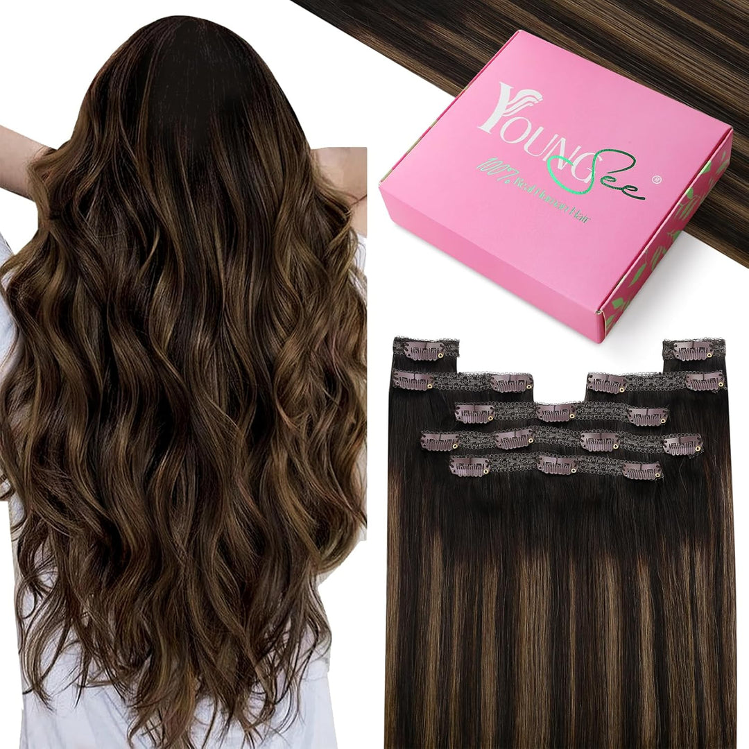 YoungSee Extensions Clip in Braun Ombre Remy Glatt Haar Clip in Extensions Echthaar Ombre Dunkelbrau