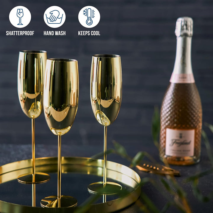 Oak & Steel - 4 Edelstahl Sektgläser Geschenkset, Champagner & Prosecco Gläser (285ml) - Gold - Robu