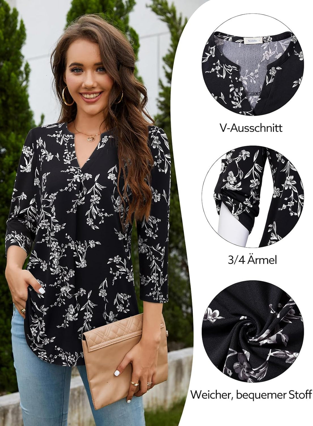 Siddhe Damen V-Ausschnitt Bluse 3/4 Ärmel Oberteile Tunika Tops Locker Longshirt Lässige T-Shirt Lan